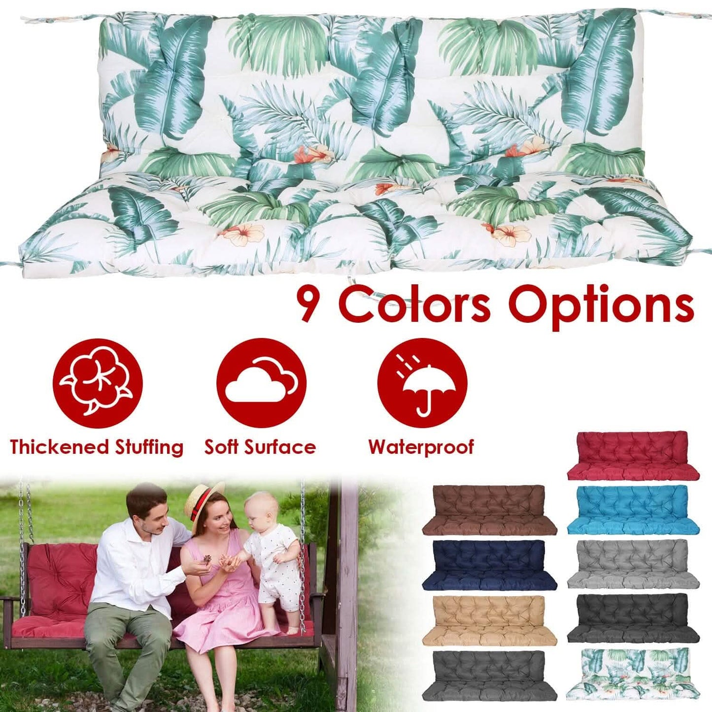 2-3 Seater Swing Cushion Replacement Swing Beach Pads with Backrest 8-Tie Straps DailySale