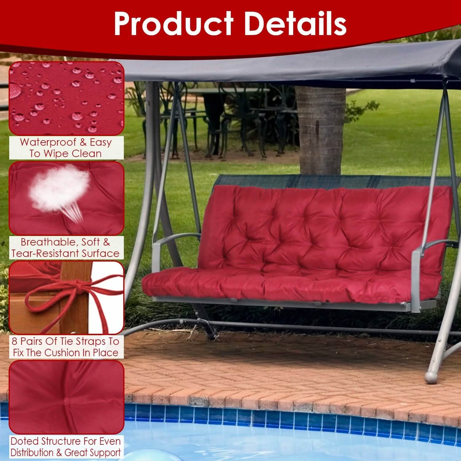 2-3 Seater Swing Cushion Replacement Swing Beach Pads with Backrest 8-Tie Straps DailySale