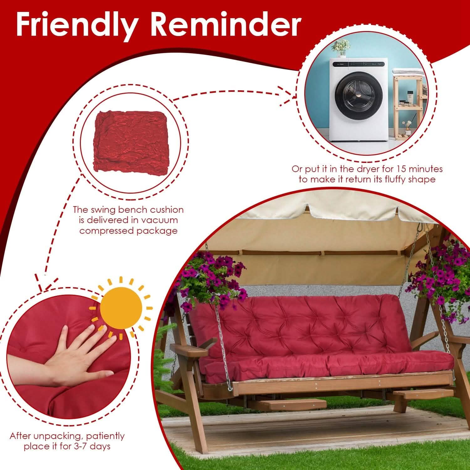 2-3 Seater Swing Cushion Replacement Swing Beach Pads with Backrest 8-Tie Straps DailySale