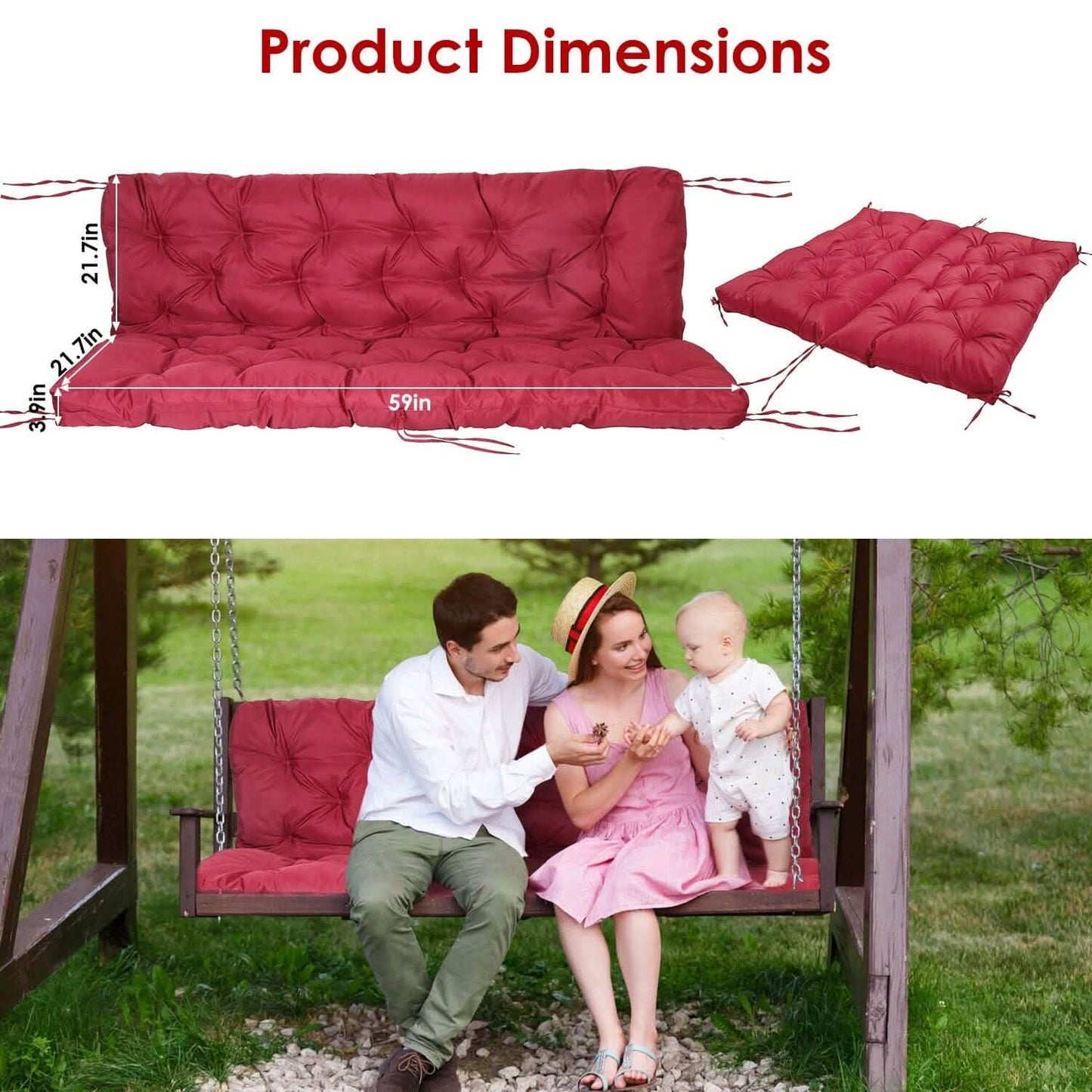 2-3 Seater Swing Cushion Replacement Swing Beach Pads with Backrest 8-Tie Straps DailySale