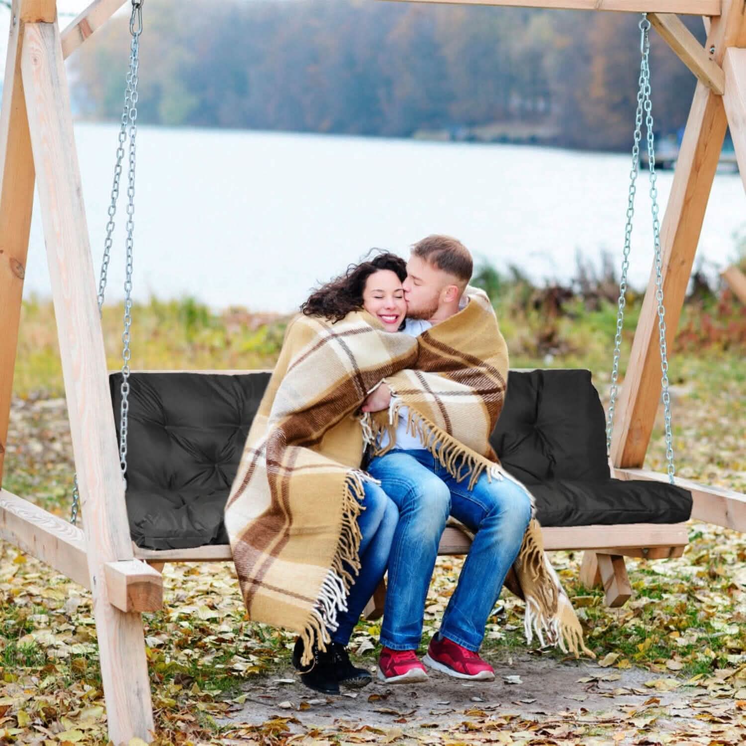 2-3 Seater Swing Cushion Replacement Swing Beach Pads with Backrest 8-Tie Straps DailySale