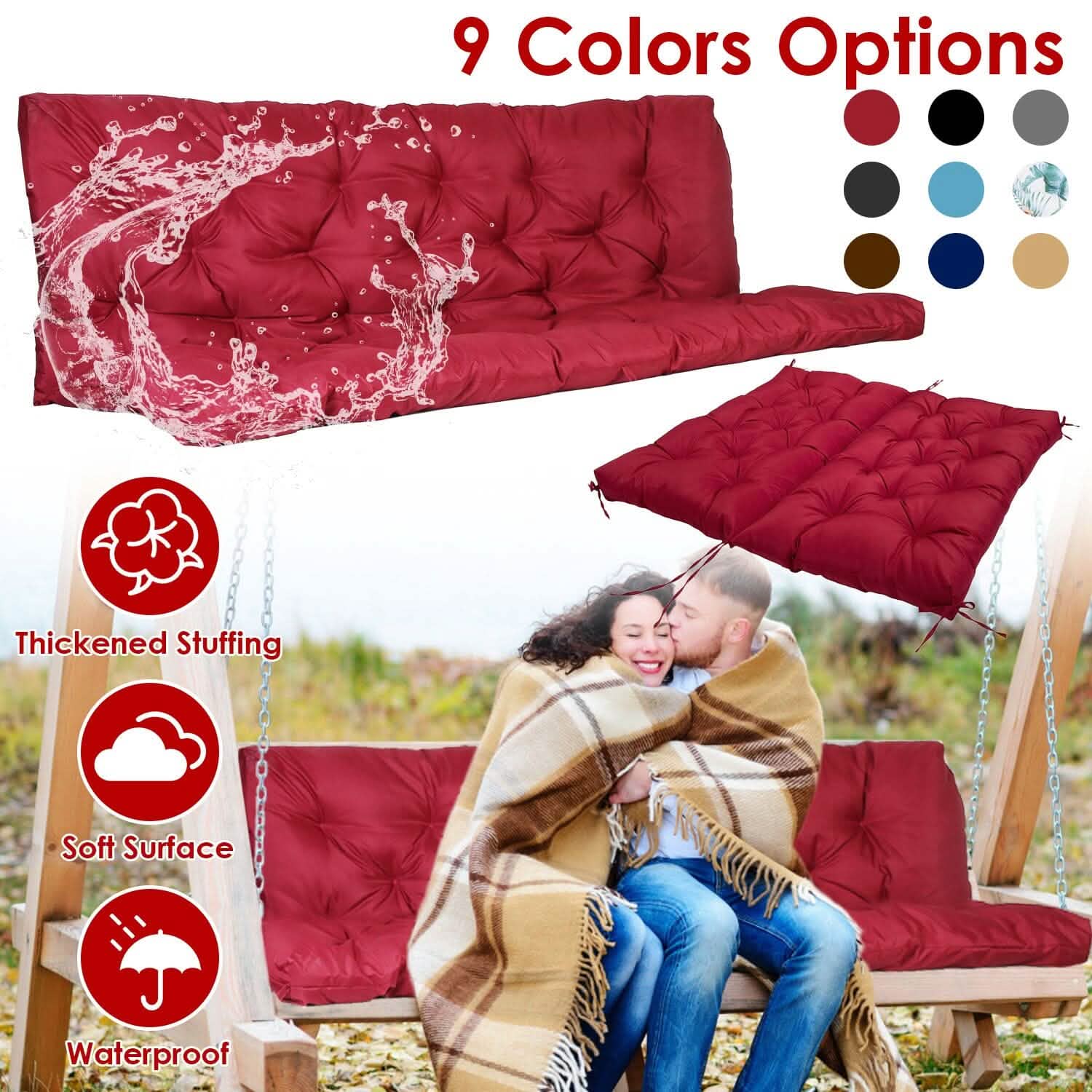 2-3 Seater Swing Cushion Replacement Swing Beach Pads with Backrest 8-Tie Straps DailySale