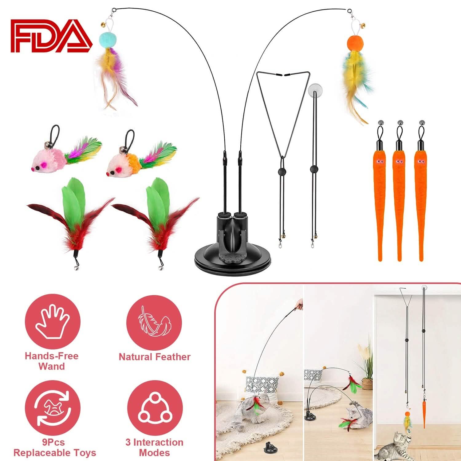 2 Cat Wand Toys with Suction Cup Double Head Interactive Cat Feather Toy DailySale
