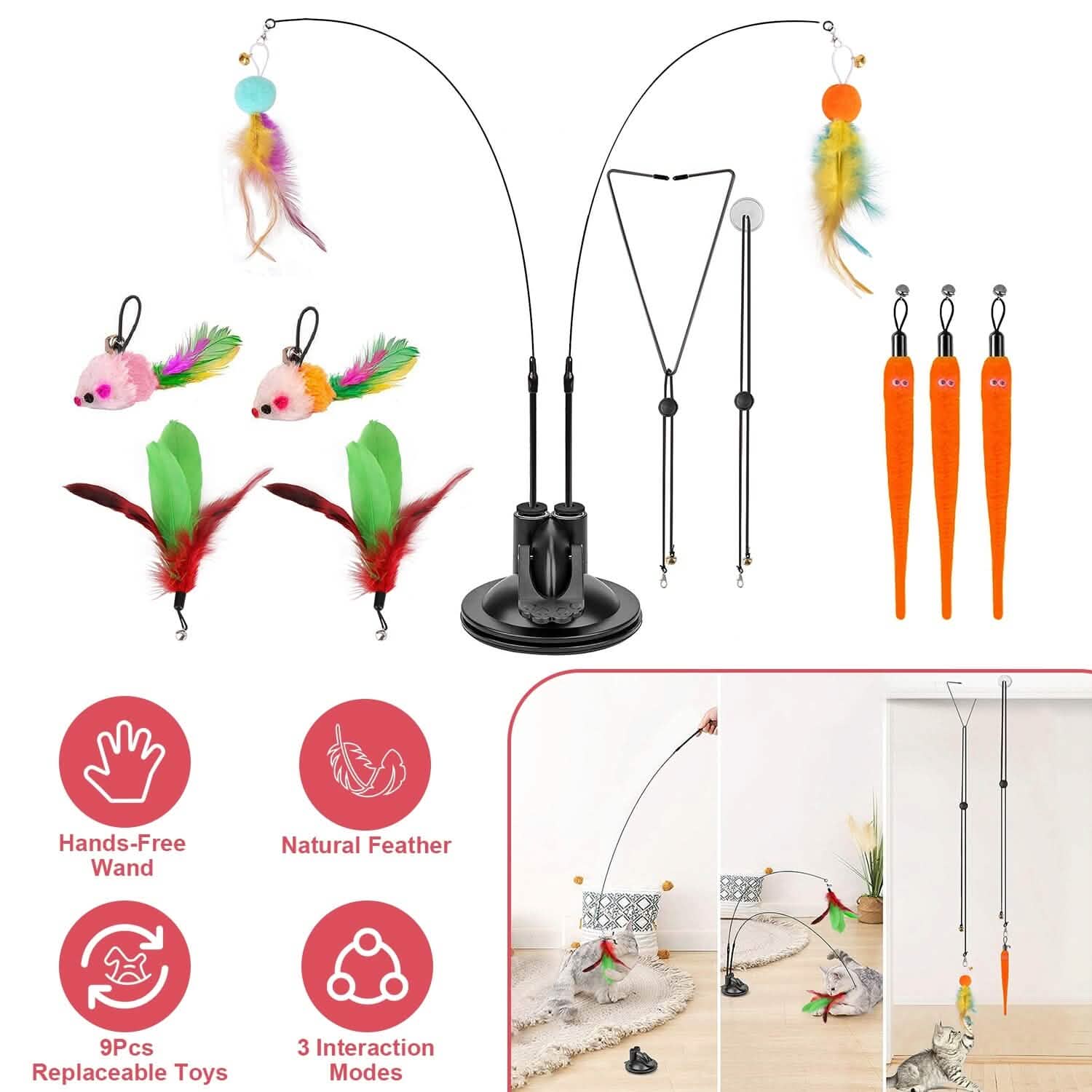 2 Cat Wand Toys with Suction Cup Double Head Interactive Cat Feather Toy DailySale