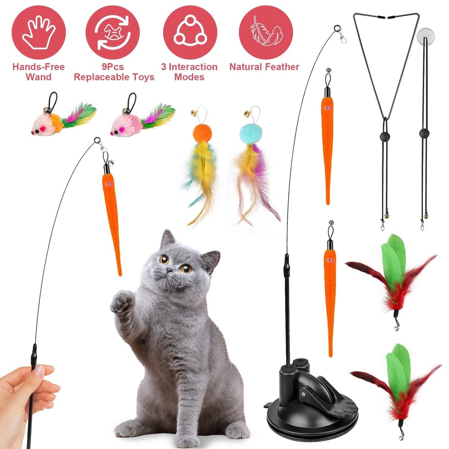 2 Cat Wand Toys with Suction Cup Double Head Interactive Cat Feather Toy DailySale