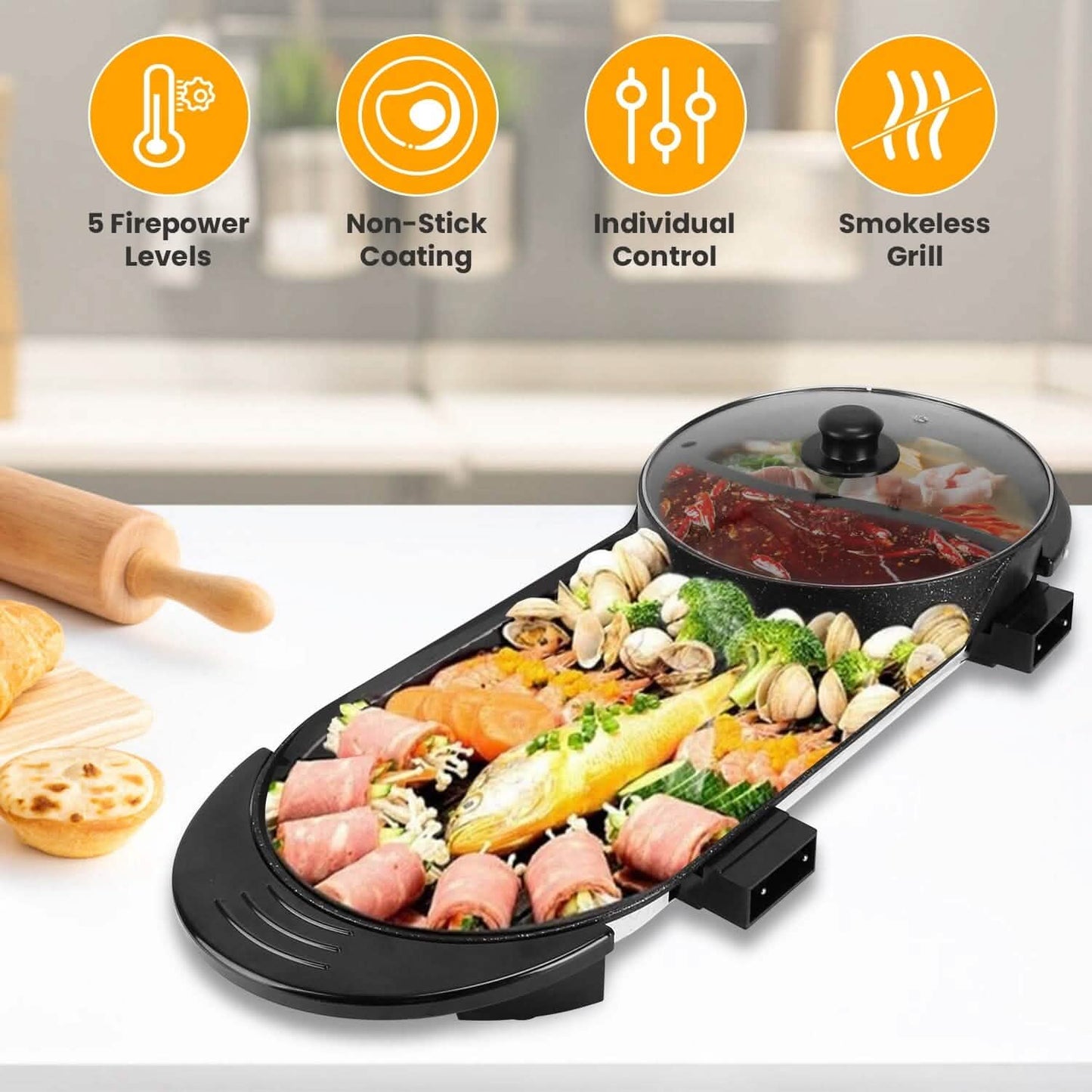 2-in-1 Electric Hot Pot with Bbq Grill Cooker 2200W DailySale