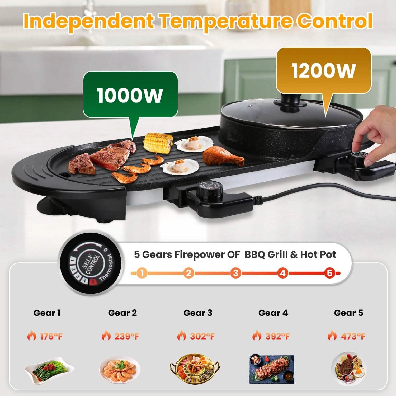 2-in-1 Electric Hot Pot with Bbq Grill Cooker 2200W DailySale