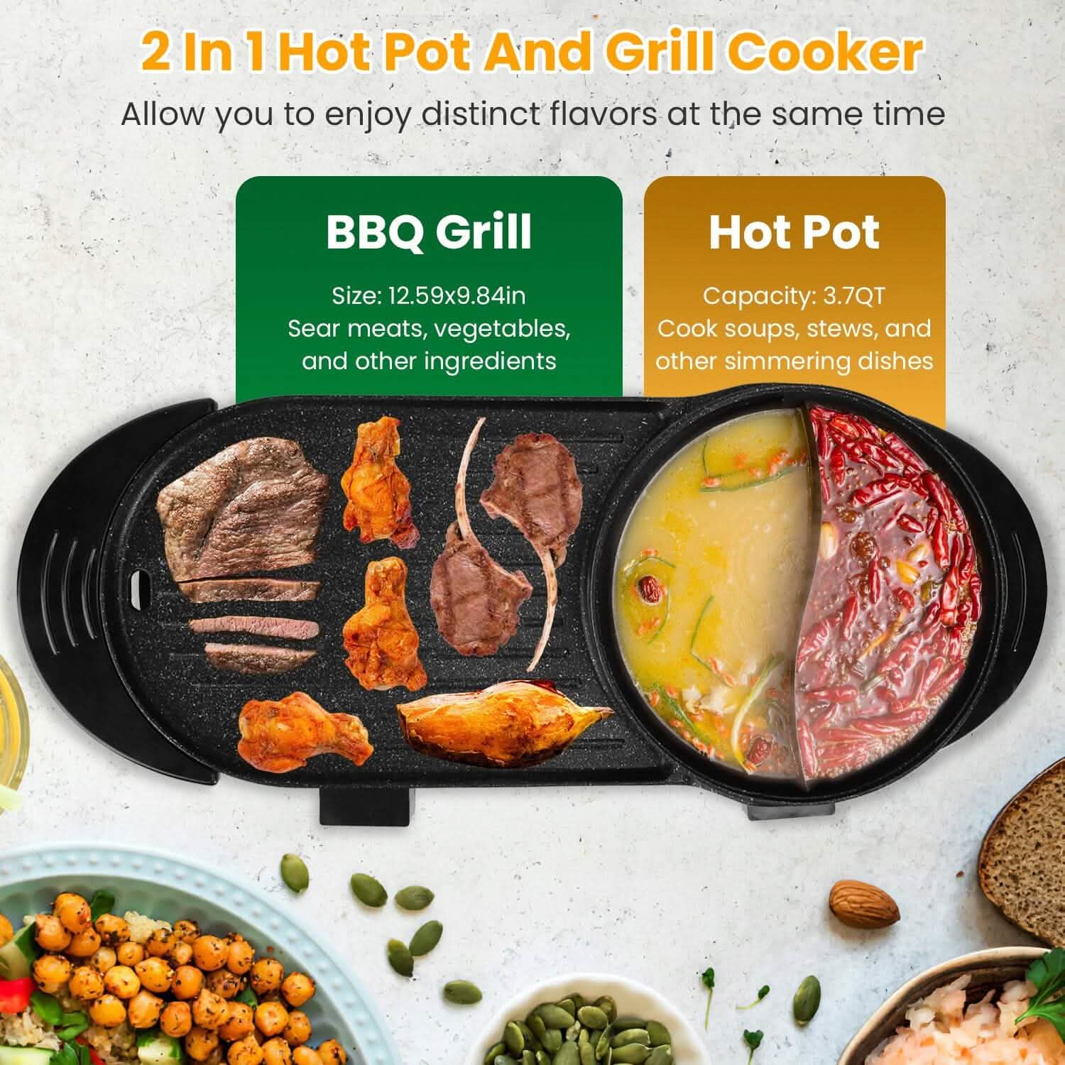 2-in-1 Electric Hot Pot with Bbq Grill Cooker 2200W DailySale