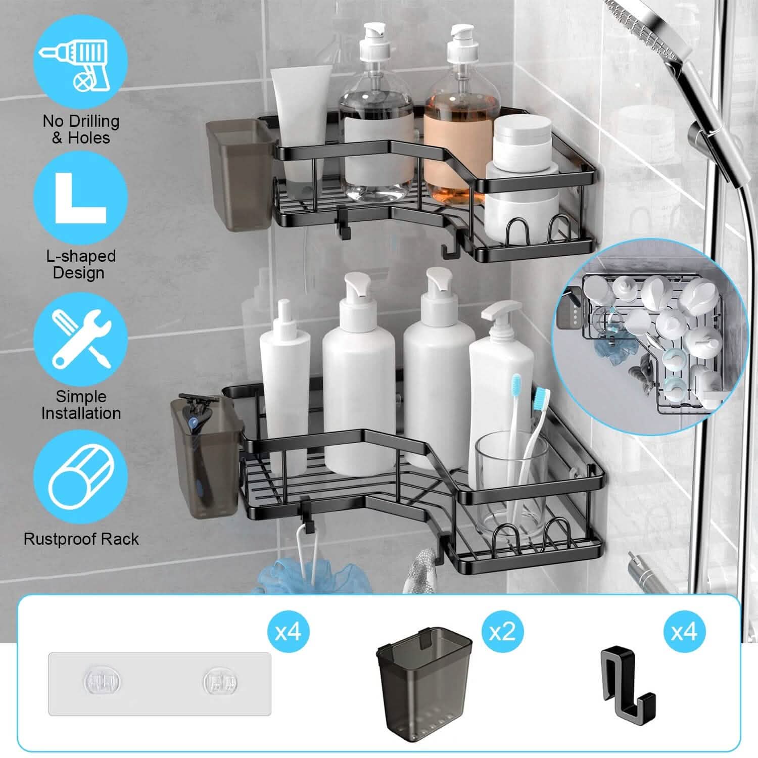 2-Pack: Corner Shower Caddy No Drilling Adhesive Shower Organizer DailySale