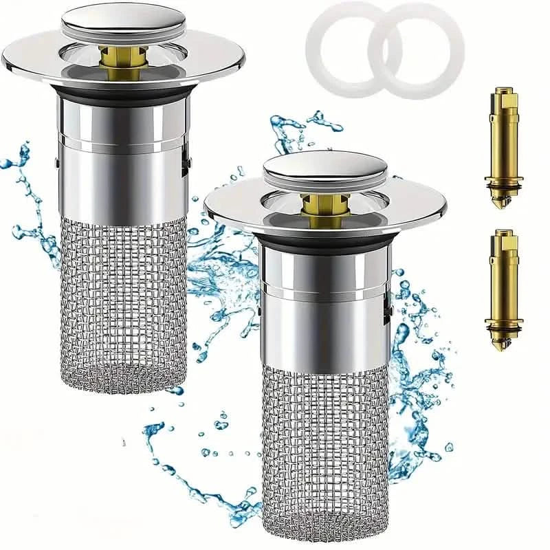 2-Pack: Pop-Up Bathroom Sink Stopper with Stainless Steel Drain Filter and Hair Catcher DailySale