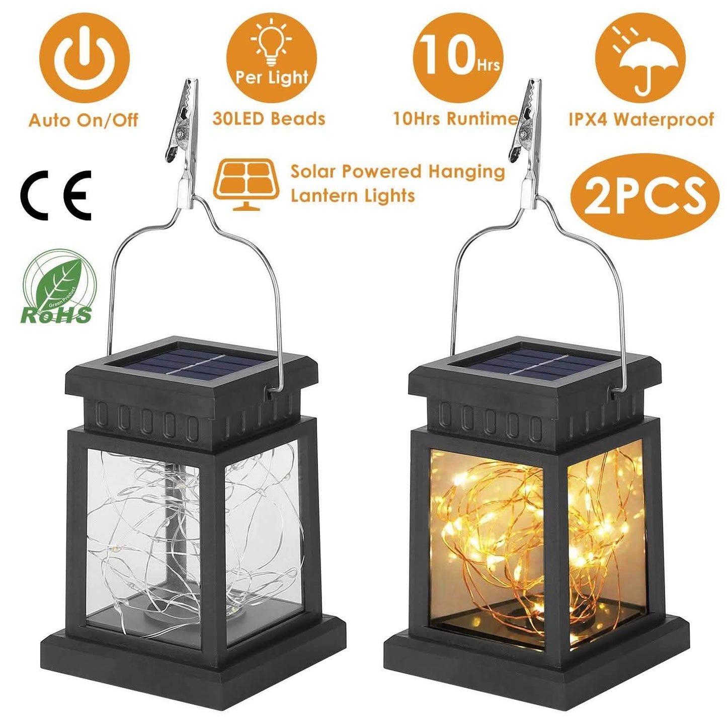 2-Pack: Solar Powered Hanging Lights 30 LED Beads DailySale