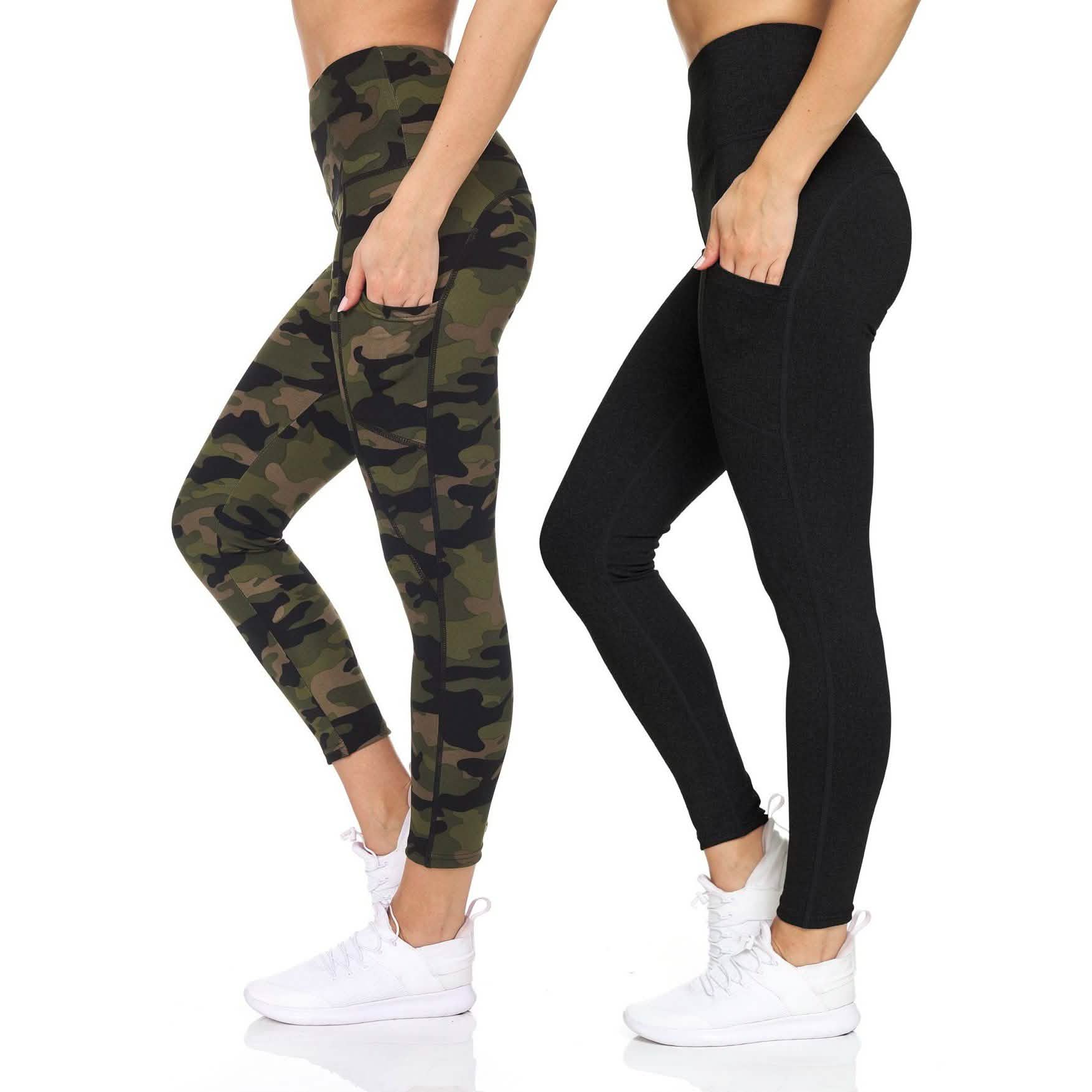 2-Pack: Women's High Waist Active Full Length Leggings with Camo and Solid Print DailySale