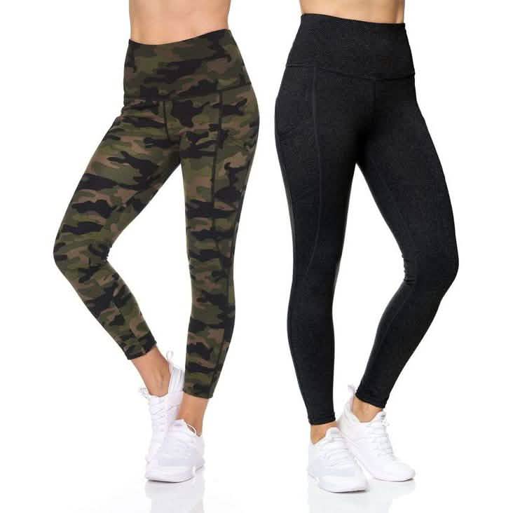 2-Pack: Women's High Waist Active Full Length Leggings with Camo and Solid Print DailySale