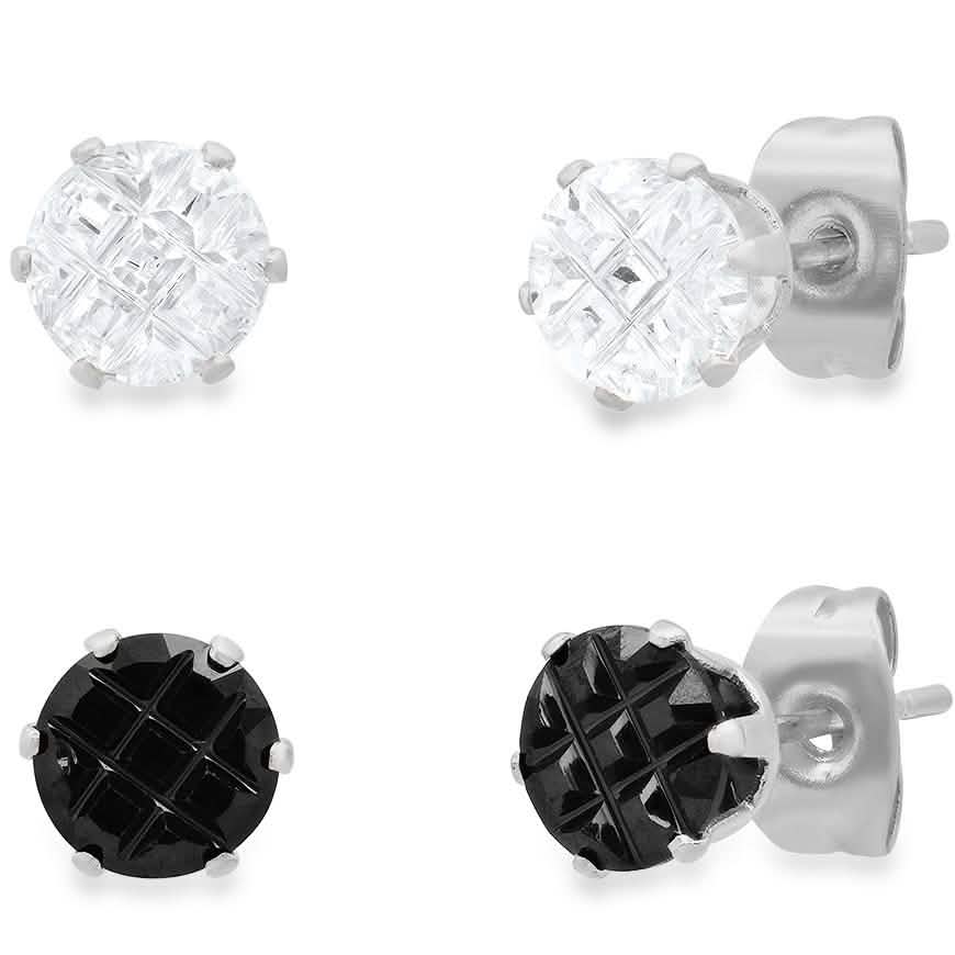 2-Pair: Stainless Steel Cubic Zirconia Diamond Cut Stud Earrings Set DailySale
