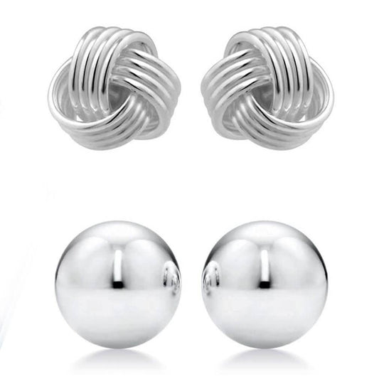 2-Pairs: Sterling Silver Love Knot and Ball Stud Earring Set DailySale