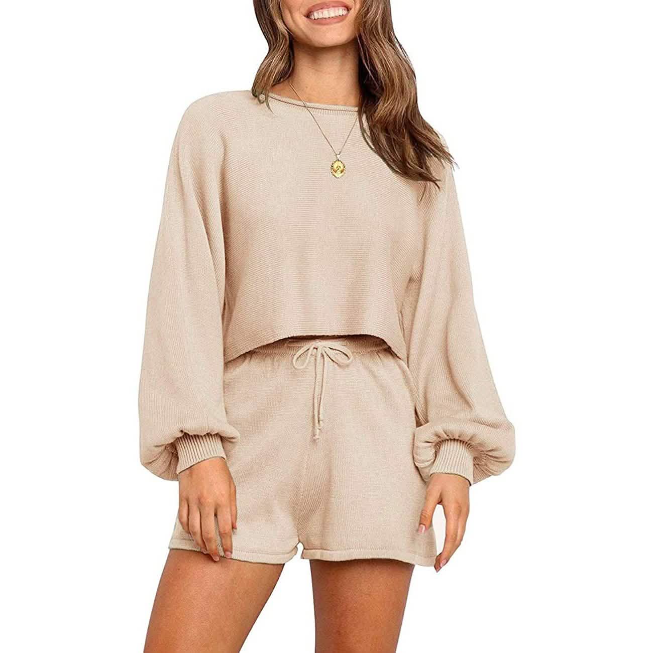 2-Piece: Knit Outfits Puff Sleeve Crop Top Shorts Set Sweater Sweatsuit DailySale