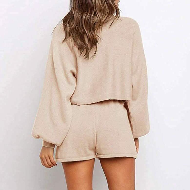 2-Piece: Knit Outfits Puff Sleeve Crop Top Shorts Set Sweater Sweatsuit DailySale
