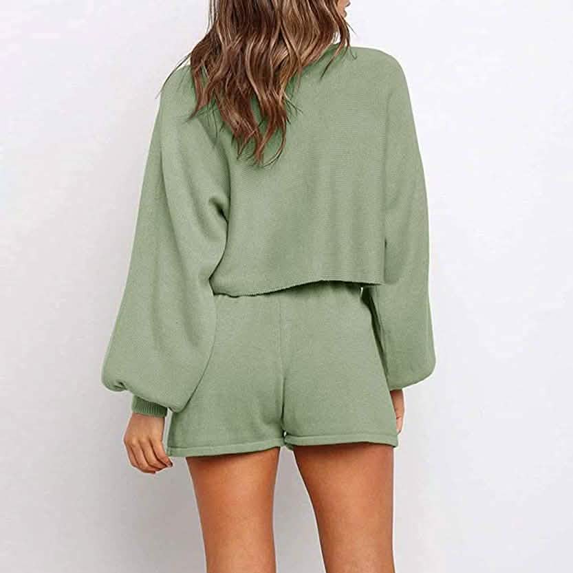 2-Piece: Knit Outfits Puff Sleeve Crop Top Shorts Set Sweater Sweatsuit DailySale