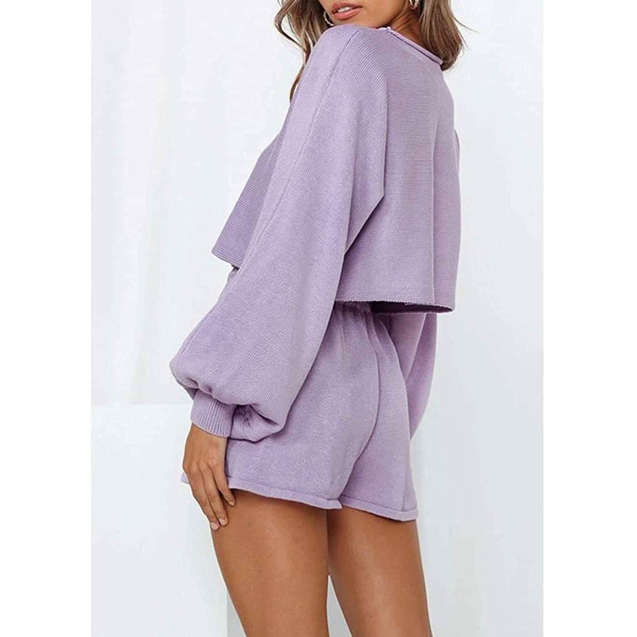 2-Piece: Knit Outfits Puff Sleeve Crop Top Shorts Set Sweater Sweatsuit DailySale