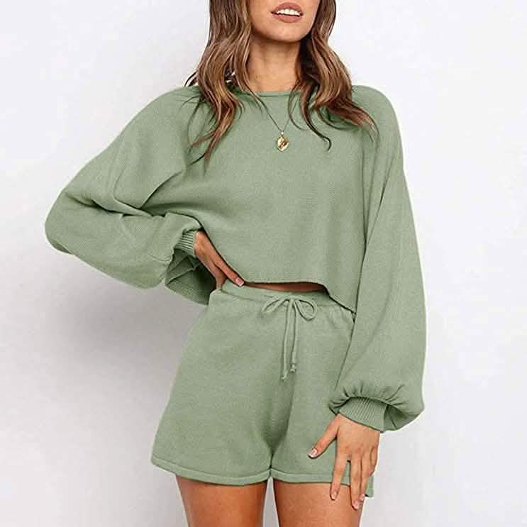 2-Piece: Knit Outfits Puff Sleeve Crop Top Shorts Set Sweater Sweatsuit DailySale