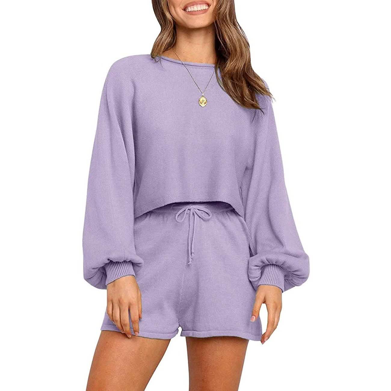 2-Piece: Knit Outfits Puff Sleeve Crop Top Shorts Set Sweater Sweatsuit DailySale