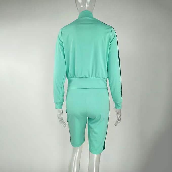 2-Piece: Lapel Neck Zipper Color Matching Long Sleeve Fleece Sport Casual Shorts DailySale
