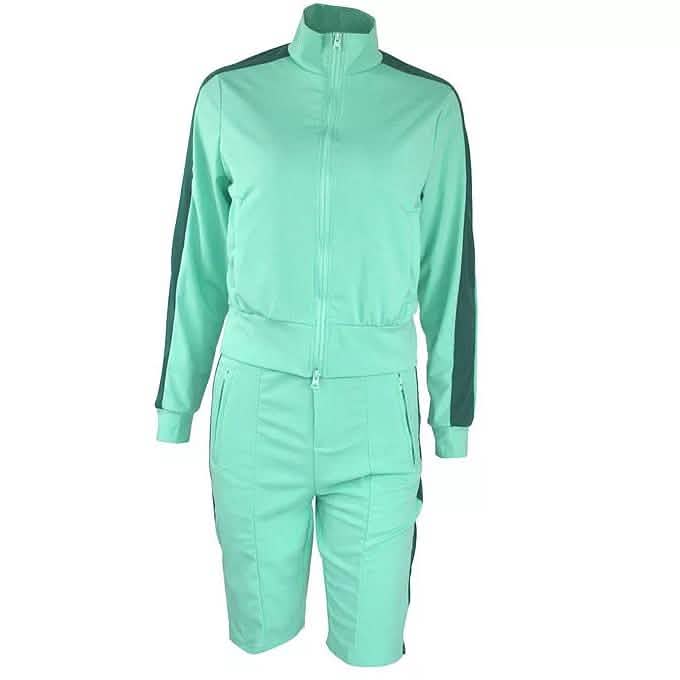 2-Piece: Lapel Neck Zipper Color Matching Long Sleeve Fleece Sport Casual Shorts DailySale