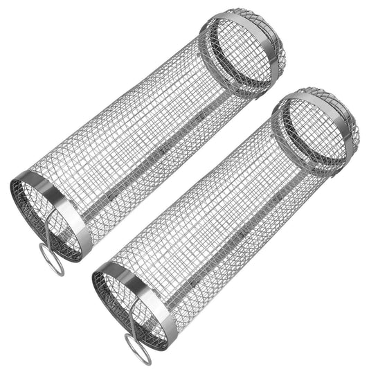 2-Piece: Portable BBQ Rolling Basket Round Stainless Steel Grill DailySale