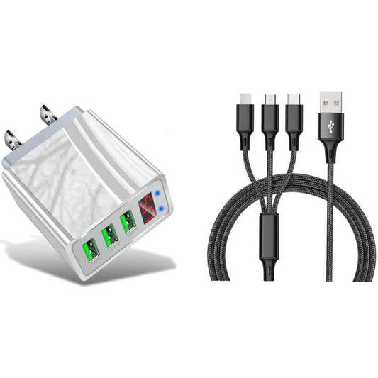 2-Piece Set: 3-Port LED Display High Speed Wall Charger White + 3-in-1 Cable Combo DailySale