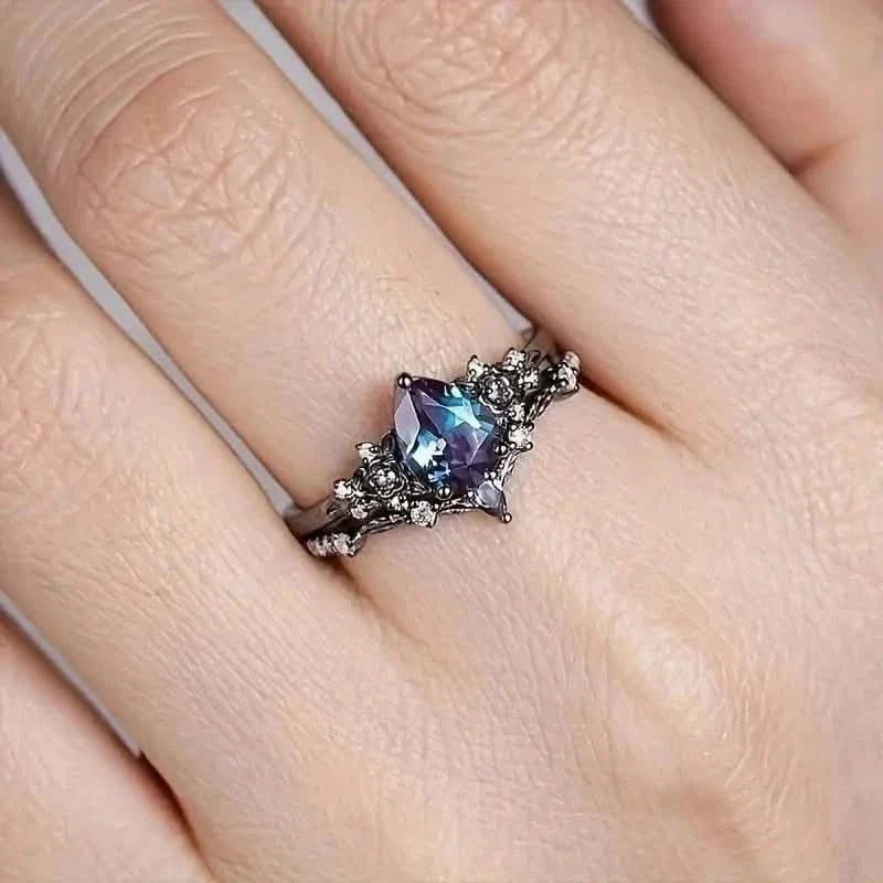 2-Piece Set: Gothic Black & Golden Engagement Ring Set with Pear-Shaped Cubic Zirconia DailySale