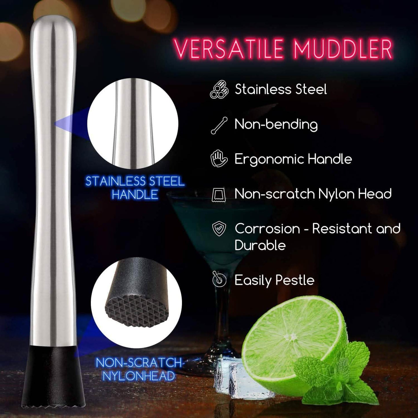 2-Piece Set: Hiware 10 Inch Stainless Steel Cocktail Muddler and Mixing Spoon Home Bar Tool Set DailySale