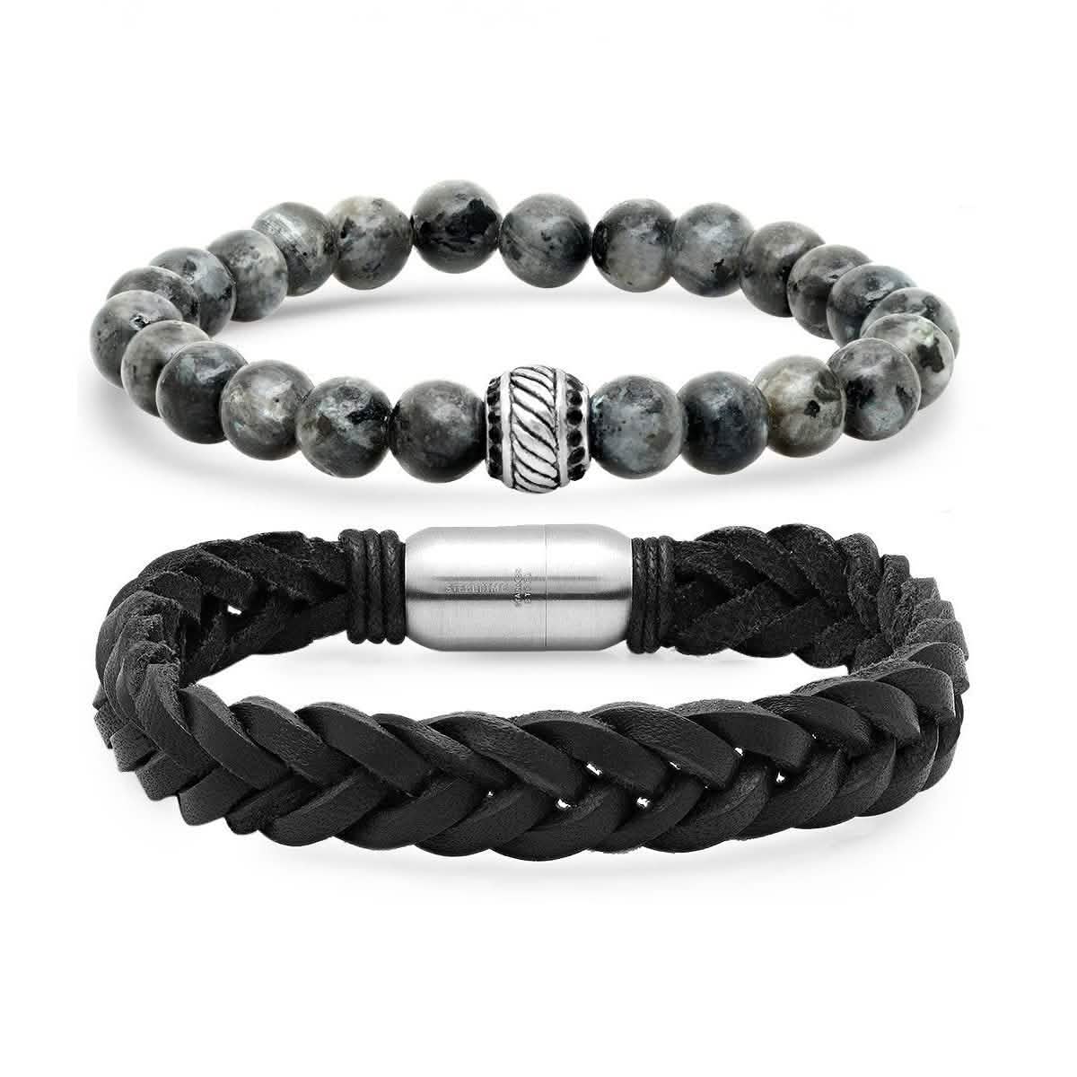 2-Piece Set: Men's Black Leather/Stainless Steel and Gray Agate Bracelets DailySale