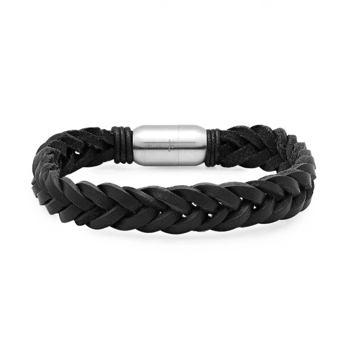 2-Piece Set: Men's Black Leather/Stainless Steel and Gray Agate Bracelets DailySale