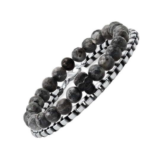 2-Piece Set: Men's Gray Agate and Black IP Stainless Steel Skull Beaded and Box Link Bracelet DailySale