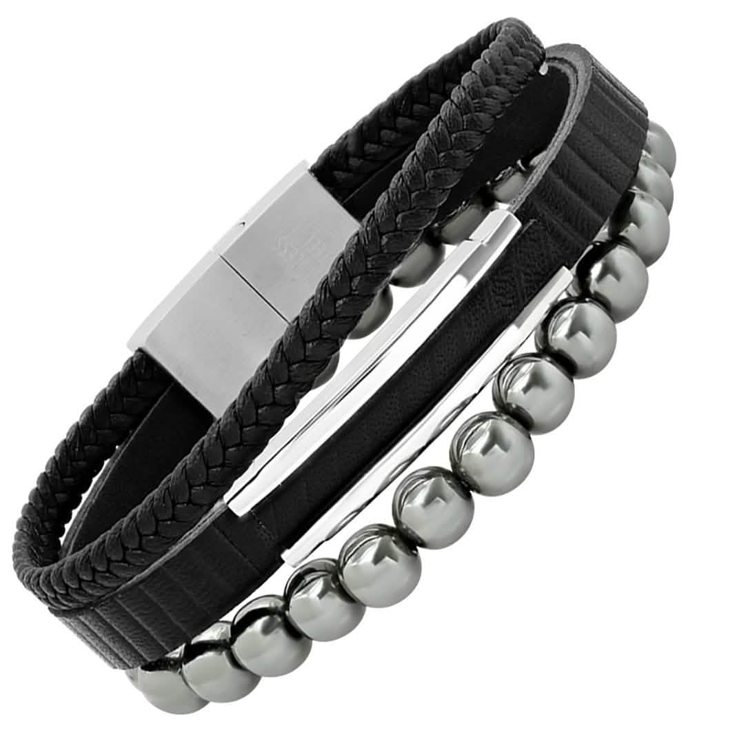 2-Piece Set: Men's Layered Black Leather, Stainless Steel and Hematite Beads Bracelet DailySale