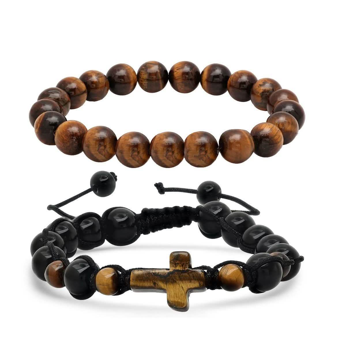 2-Piece Set: Men's Tiger Eye and Black Beads/Tiger Eye Cross Drawstring Bracelets DailySale