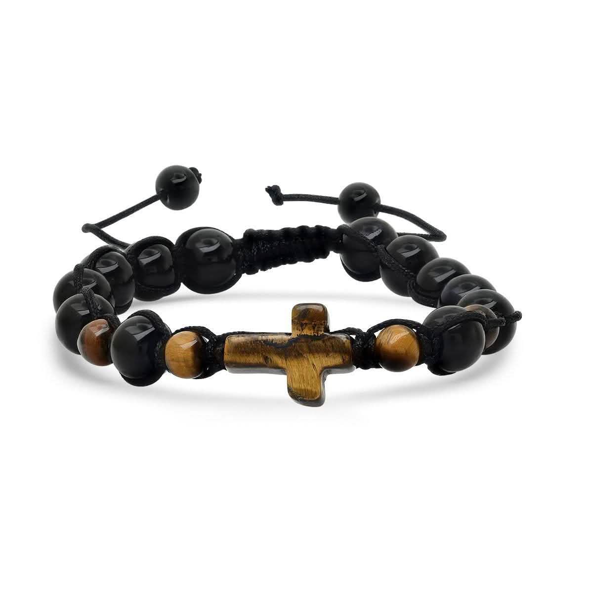 2-Piece Set: Men's Tiger Eye and Black Beads/Tiger Eye Cross Drawstring Bracelets DailySale