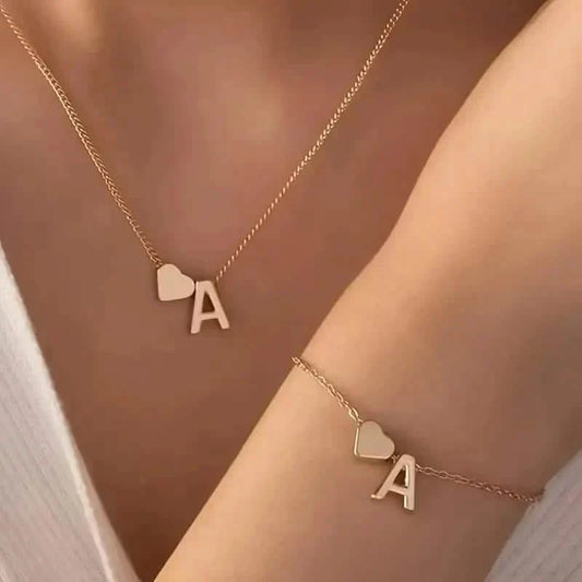 2-Piece Set: Metal Heart And English Letter Necklace And Bracelet DailySale