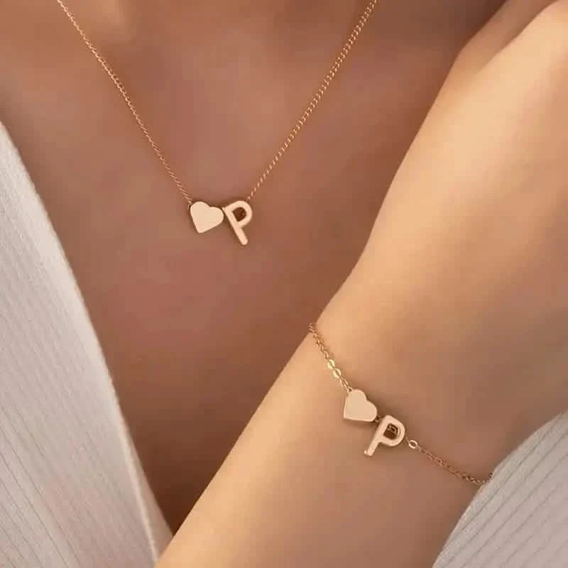 2-Piece Set: Metal Heart And English Letter Necklace And Bracelet DailySale