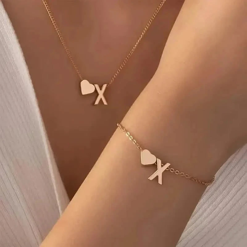 2-Piece Set: Metal Heart And English Letter Necklace And Bracelet DailySale