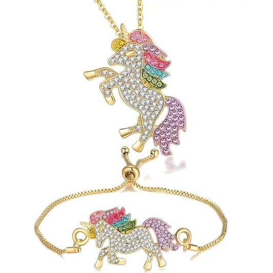 2-Piece Set: Rainbow-Colored Unicorn Necklace and Bracelet DailySale
