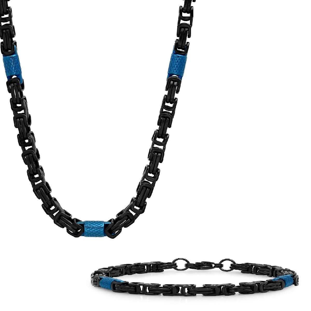 2-Piece Set: Two Tone Black and Blue Byzantine Mens Bracelet and Necklace DailySale
