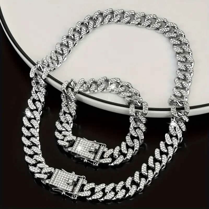 2-Piece Set: Unisex Hip Hop Cuban Chain Necklace and 8" Bracelet DailySale