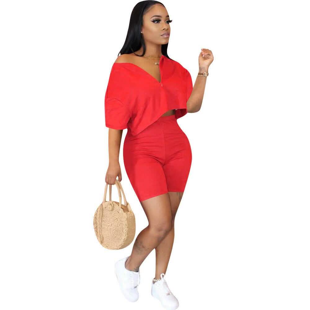 2-Piece Set: Women Solid Color Short Sleeves Zipper Casual Jumpsuit Outfits DailySale