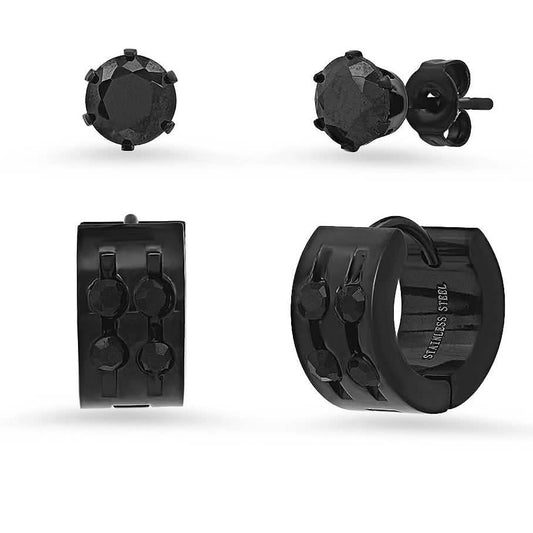 2-Piece: Unisex Black Ip Simulated Black Diamonds Studs And Diamond Cut Huggies Earrings DailySale