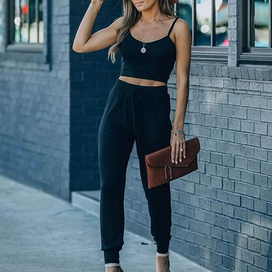 2-Piece: Women's Casual Outfit Ribbed Spaghetti Strap Top Ankle Length Joggers Sets DailySale