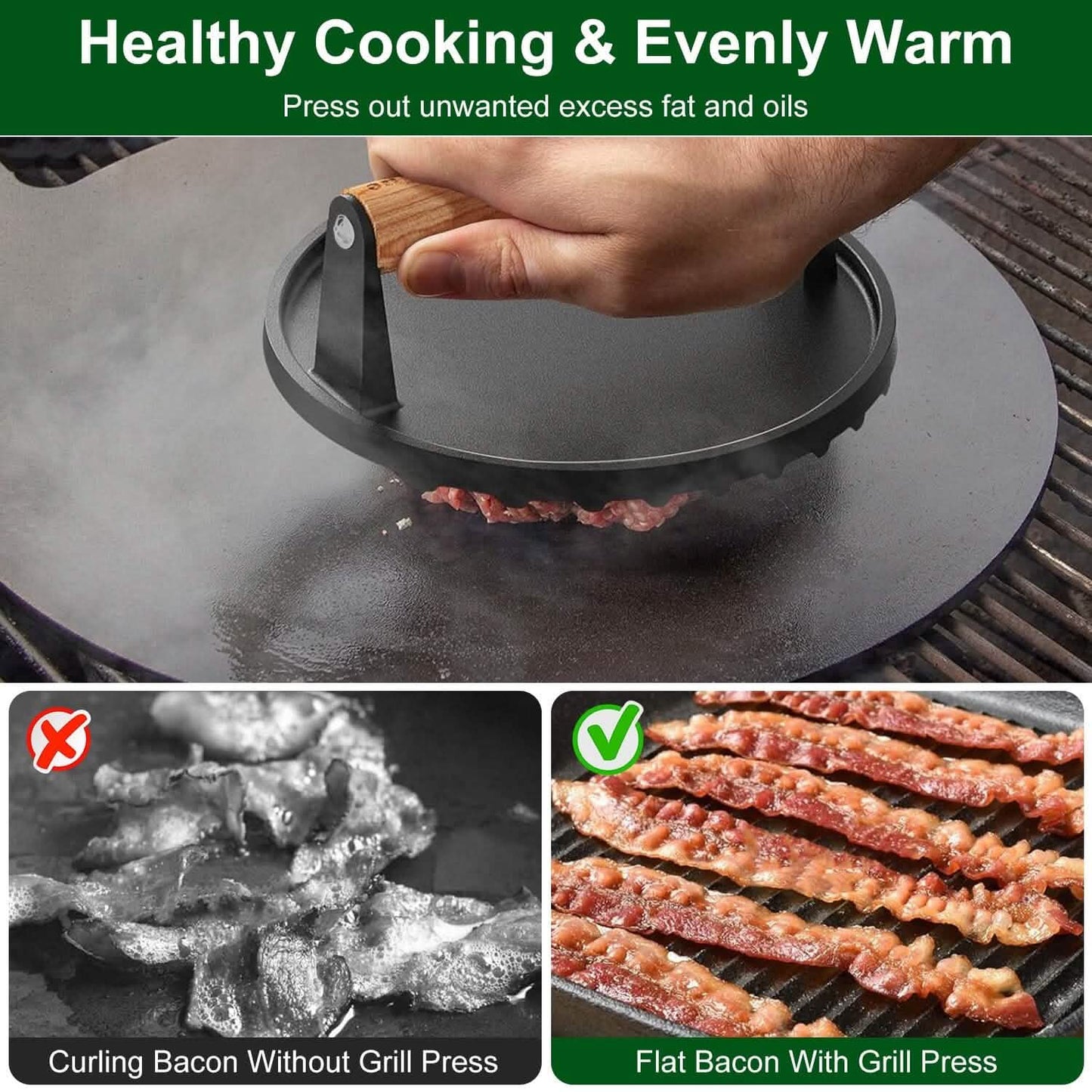 2-Pieces: Cast Iron Grill Press Pre-Seasoned Steak Weights Smash Burger Press DailySale
