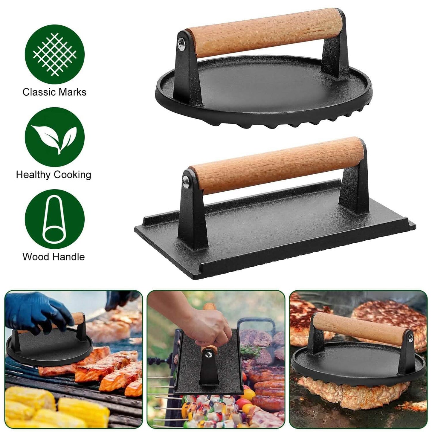 2-Pieces: Cast Iron Grill Press Pre-Seasoned Steak Weights Smash Burger Press DailySale