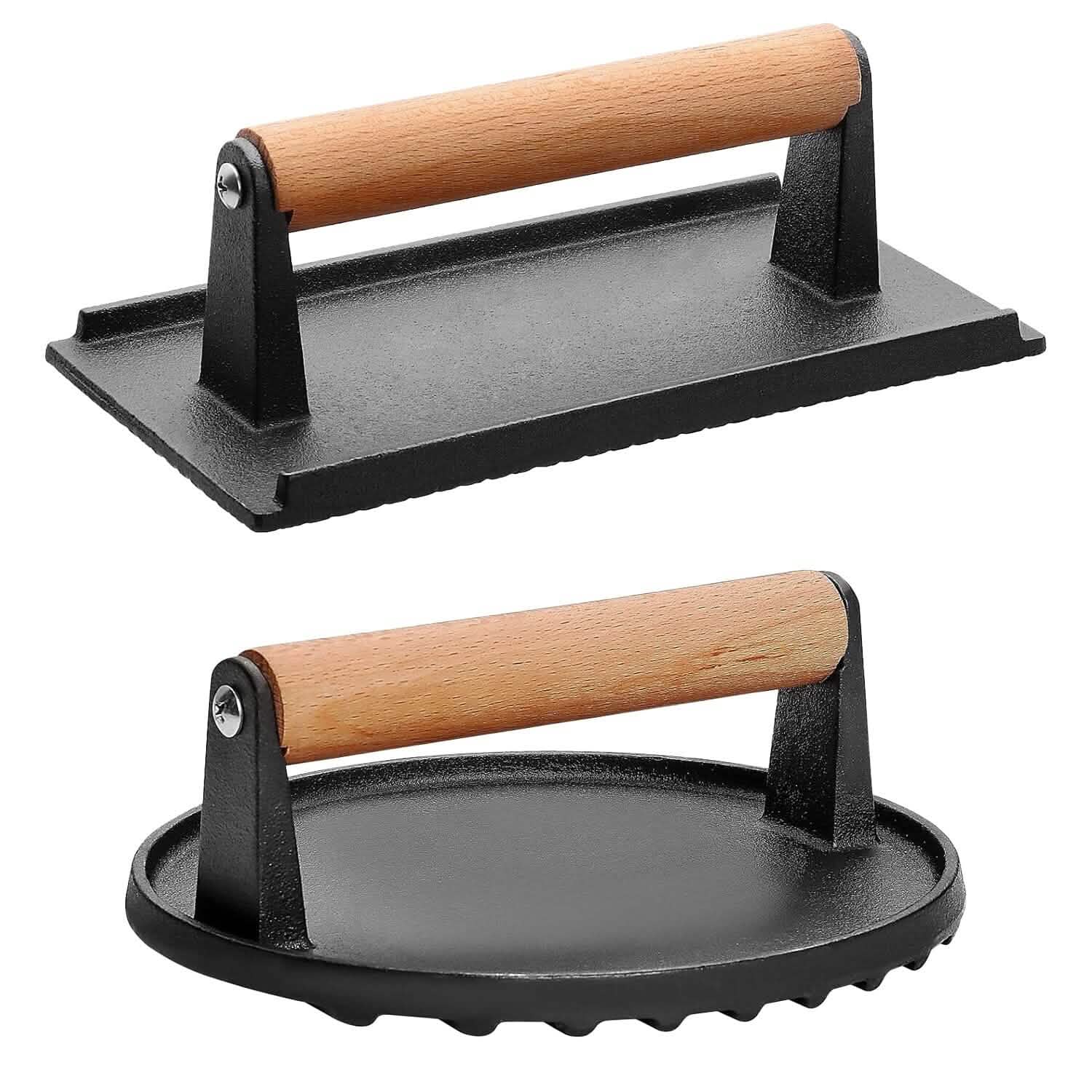 2-Pieces: Cast Iron Grill Press Pre-Seasoned Steak Weights Smash Burger Press DailySale