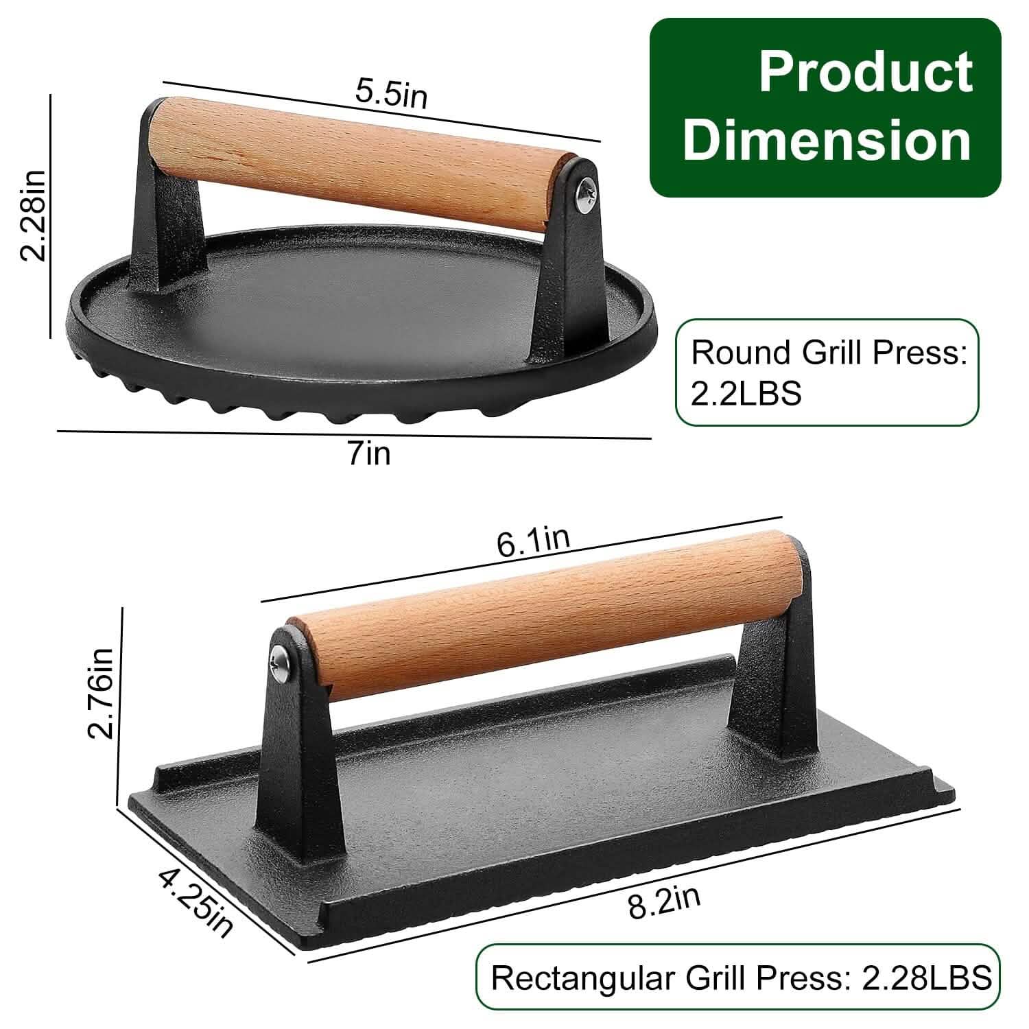 2-Pieces: Cast Iron Grill Press Pre-Seasoned Steak Weights Smash Burger Press DailySale